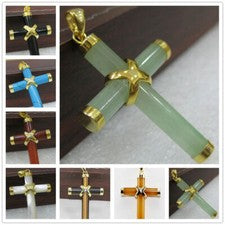 Collar Colgante Cruz Piedras Preciosas Ágata Natural/Ojo de Tigre/Topacio/Jade Grado AAA