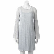 Nuevo Vestido recto LC Lauren Conrad para mujer M texturizado metálico plateado manga campana