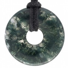 Donut de ágata musgo 30 mm colgante con cinta de algodón | Joyería de piedras preciosas