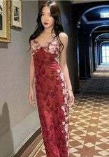 Mujer 2024 Moda Temperamento Sexy Cuello en V Impresión Malla Calce Ajustado Vestido Largo