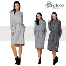 Para mujeres Informal Mangas Largas Vestido Damas Calce Suelto Rodilla Cinturón Túnica FT3977