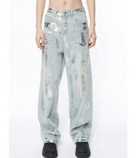 Hombres Moda Informal Calle Hip-Hop Cepillo Plateado Juvenil Pantalones Sueltos Fiesta Pantalones