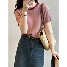 Camiseta de punto de manga corta con cuello redondo simple tendencia de moda para mujer