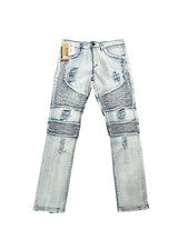 Pantalones de mezclilla rectos elásticos ajustados ajustados azules claros desgastados de moda para hombre 35