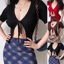 Camiseta corta de manga corta de mujer de moda diseño de lazo liso
