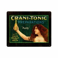 CRANE-TONIC PREPARACIONES CABELLO CUERO CABELLUDO RESISTENTE HECHO EN EE. UU. METAL CARTEL PUBLICITARIO