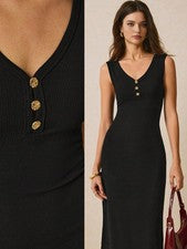 Elegante Vestido Mujer Negro Sin Mangas Escote en V