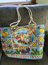 Bolso de Mano Ligero Sicilia Multicolor Estampado de Mapa Blanco Correas de Cuerda