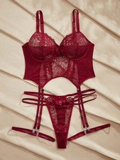 Conjunto de lencería de encaje talla grande de 4 piezas en Burdeos barato24