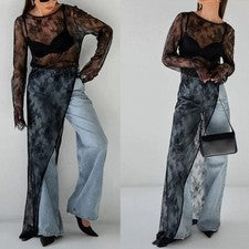 Vestido de encaje negro refinado para mujer con dobladillo irregular y lan