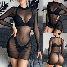 Venta caliente Mujer Sexy Transparente Malla Manga Larga Informal Mini Vestido
