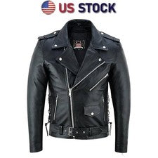 Chaqueta de cuero para motocicleta para hombre piel de búfalo genuina estilo marca motociclista negro