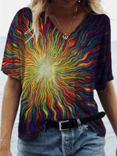 Blusa Mujer Camiseta Resumen Sol Patrón Moda Suelta Manga Corta Cuello En V Tops