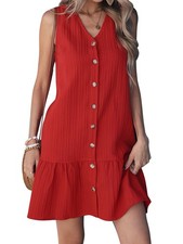 1X(Vestido para mujer cuello en V color liso suelto sin mangas moda informal verano9312