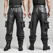 Pantalón utilitario de motociclista estilo bolsillo cargo negro cuero vaca real para hombre
