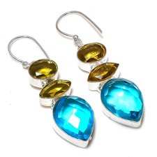 Topacio azul suizo, piedras preciosas de citrino 925 pendiente de joyería...