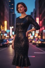 "Vestido de fiesta, fiesta, boda, mujer talla 38 jersey lentejuelas vestido negro"