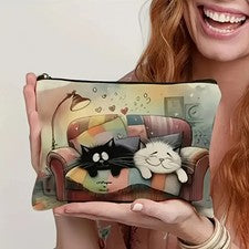 Lindo Gatos en Sofá Bolsa de Maquillaje de Lona Cartera con Cremallera Organizador de Viaje Bolsa de Vacaciones