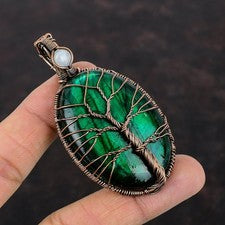Piedra preciosa de labradorita de fuego verde arco iris piedra lunar colgante artesanal joyería cobre