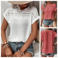 Camiseta de manga corta de poliéster para mujer color liso con empalme de encaje