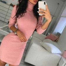 "Elegante Vestido Suéter Para Mujer Tejido Acanalado Cuello Alto-Negro, Gris, Rosa-Talla 10/12"