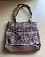 Cartera bandolera/hombro de cuero sintético/lona marrón reliquia diseño pluma de pavo real