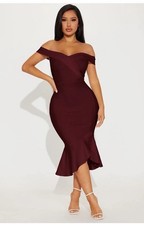 Moda Nova Mujer’s Eloise Hombro Cuerpo Esculpido Midi Vestido Rojo Vino