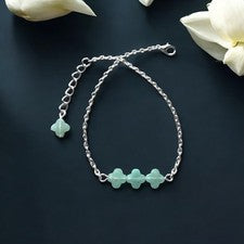 Pulsera Barra Trébol Ágata Verde, Cadena Plateada, Ajustable, Regalo para Ella