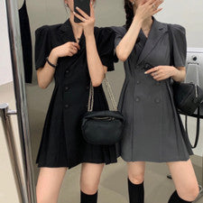 Mujer Moda Elegante Cintura Doble Pecho Traje Manga Corta Vestido