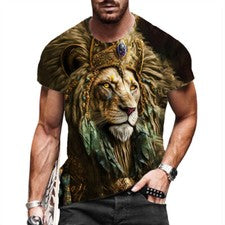 Camiseta Hombres Moda León Rey Tribal Gráfico Manga Corta Marrón Camiseta Suave