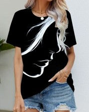 Blusa Camiseta Mujer Negro Blanco Cara Silueta Moda Manga Corta Sedoso Suave