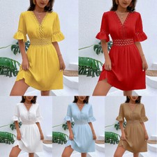 Elegante Vestido Para Mujer de Encaje Manga Corta Línea A Cuello en V Mini Columpio Informal Moda