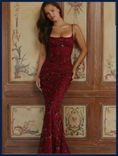 Sexy Maxi Vestido Para Mujer Floral Lentejuelas Sin Mangas Con Cordones Cola de Pescado Fiesta