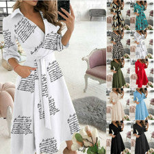 Mujeres Primavera Verano Elegante Nuevo Mangas Largas Cuello en V Estampado Bolso Cadera Moda Vestido