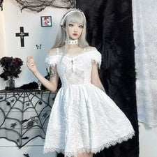 Nuevo Vestido Corto Halloween Para Mujer Punk Oscuro Encaje Sólido Moda Mujeres