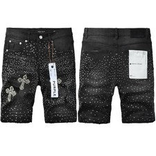 2026 Nuevo Pantalones Cortos Negros Marca Púrpura Moda Hombre Tinta Salpicadura Corte Ajustado.