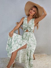 Maxivestido estampado de flores y dobladillo abertura para mujer
