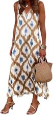 Vestido informal para mujer Primavera/Verano Moda Estampado Tejido Borde Cuello en V Dividido Z2417