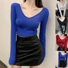 Camiseta mujer cuello en V manga larga slim monocromática moda ocio
