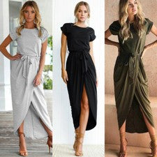 Mujeres Maxi Vestido Manga Corta Fiesta Dividido Vestido Largo Sin Mangas Verano Moda