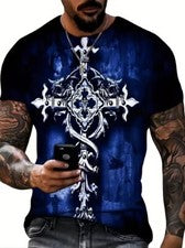 Camisetas Azul Cristiana Cruz Estampado Gráfico Moda Hombres Casual Manga Corta