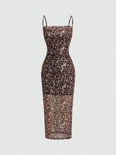 Maxivestido de mujer con estampado de leopardo y tirantes de espagueti