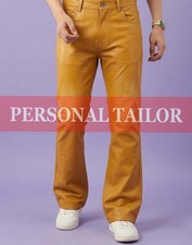 Pantalón de mezclilla estilo bootcut de cuero de cordero mostaza genuino para hombre 5 bolsillos