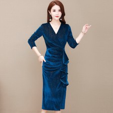 Vestido midi de felpa para mujer cuello en V manga larga volantes fiesta sexy elegante