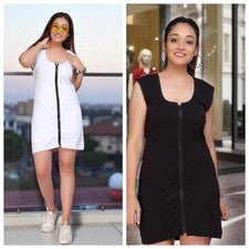 Mini vestido para mujer blanco y negro con cremallera frontal sin mangas de lycra bodycon chaleco