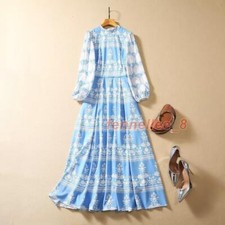 Vestido de fiesta floral azul manga larga estampado floral cuello redondo primavera para mujer