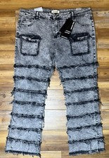 Pantalones de mezclilla apilados Rise para hombre 40 gris lavado ácido ropa de calle desgastada