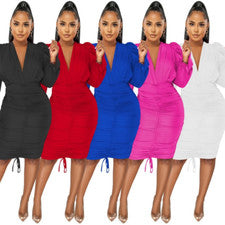 Moda Para mujeres Plisado Manga Larga Cuello en V Bodycon Fiesta/Cóctel Vestido Ropa de Trabajo
