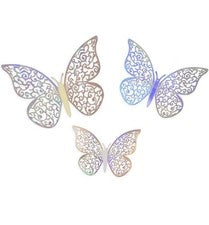 12 Mariposas Adhesivas 3D Plata Brillante Decoración del Hogar Pared Puerta Dormitorio Regalo Fiesta