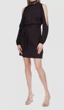 $126 Mini Vestido Michael Kors Para Mujer Negro Cuello Simulado Hombro Frío Talla S